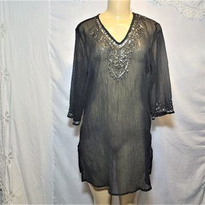 ☀️👙CZ Coverup Black Sheer Silver Sequin Trim Long Beach Cover Up Tunic✨